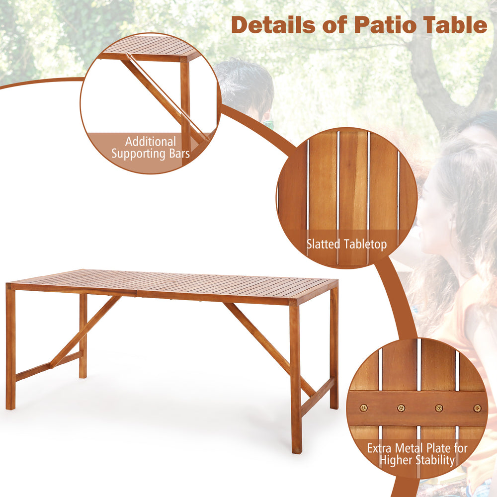 67-inch acacia wood patio dining table with slatted tabletop and umbrella hole, designed for stability and elegance.