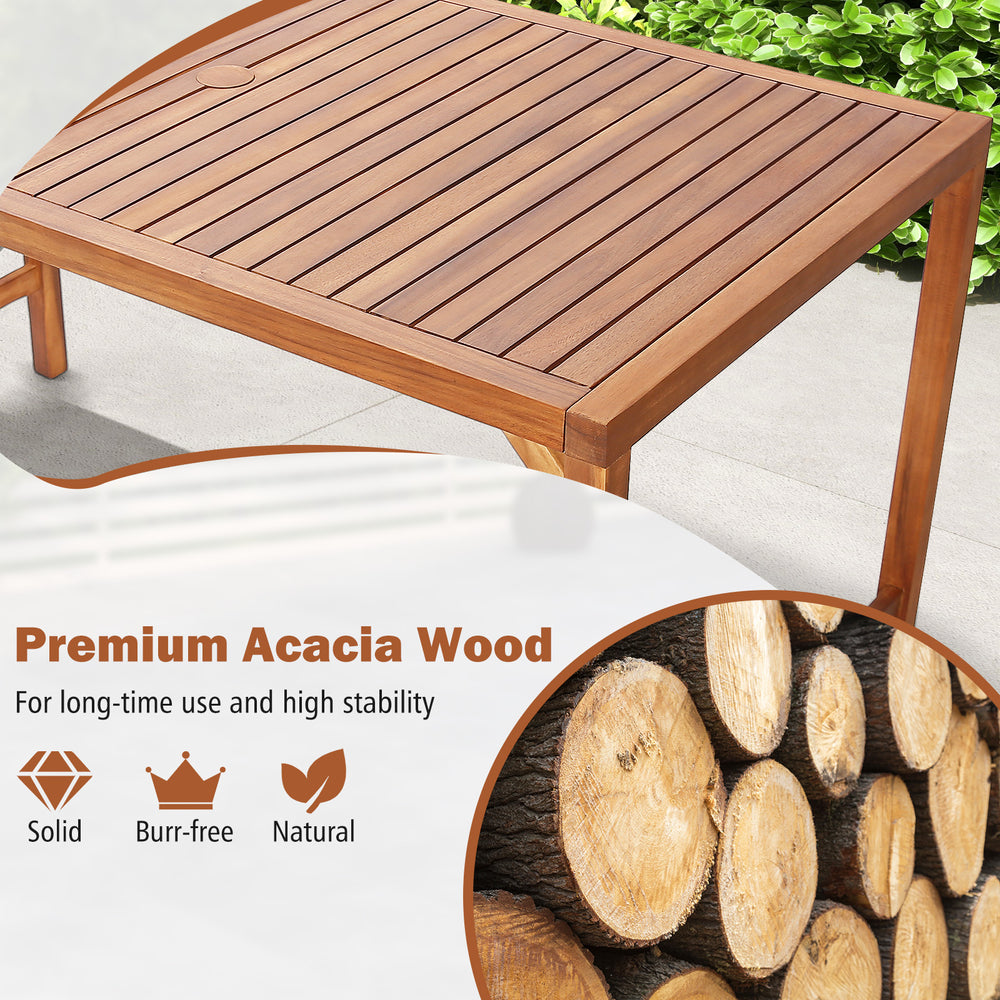 67-inch patio dining table made of premium acacia wood with a smooth surface and umbrella hole for outdoor gatherings.