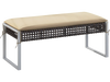 Rectangle ottoman with beige seat cushion, hand-woven PE rattan, and metal legs, perfect for outdoor patio use.