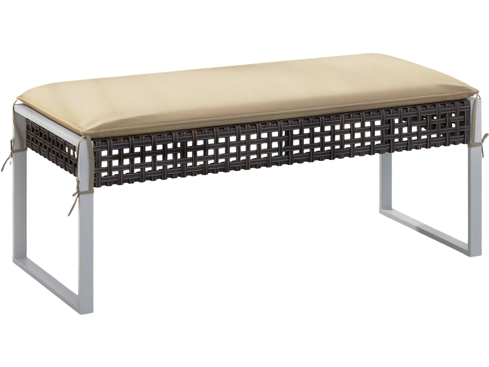 Rectangle ottoman with beige seat cushion, hand-woven PE rattan, and metal legs, perfect for outdoor patio use.