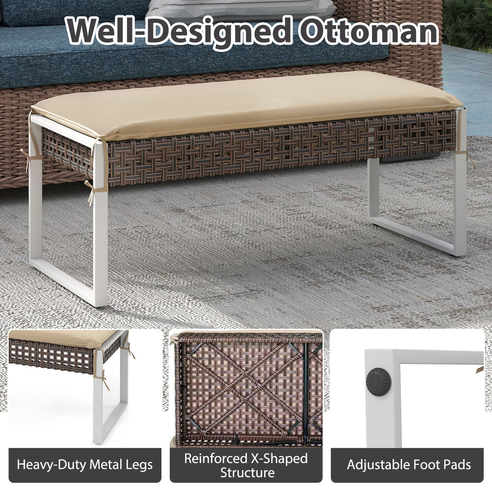 Rectangle patio ottoman with beige cushion, PE rattan weave, metal legs, adjustable foot pads for backyard or poolside.
