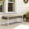 43-inch patio rectangle ottoman with beige seat cushion and hand-woven PE rattan, ideal for backyard or porch use.