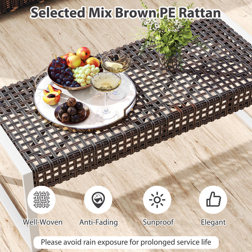 Patio rectangle ottoman in mix brown PE rattan with soft cushion, ideal for backyard or poolside use.