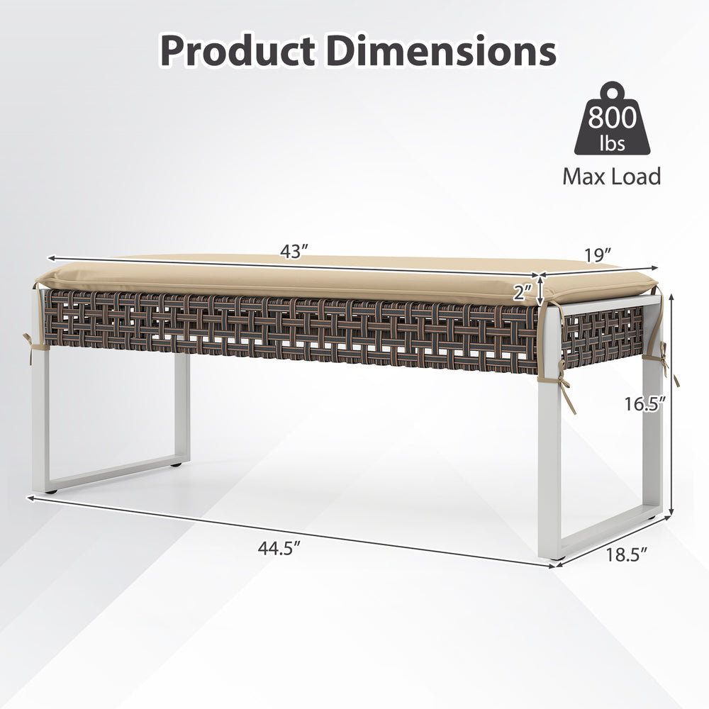 43-inch patio rectangle ottoman with beige seat cushion, hand-woven PE rattan, and reinforced metal legs for outdoor.