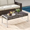 Rectangle ottoman with hand-woven PE rattan, beige cushion, and metal legs, ideal for backyard or poolside use.