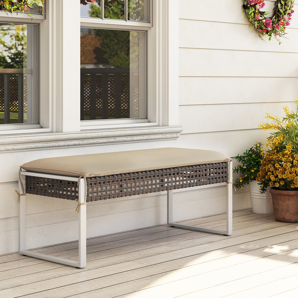 Beige 43-inch patio rectangle ottoman with metal legs and soft seat cushion, ideal for backyard or porch use.