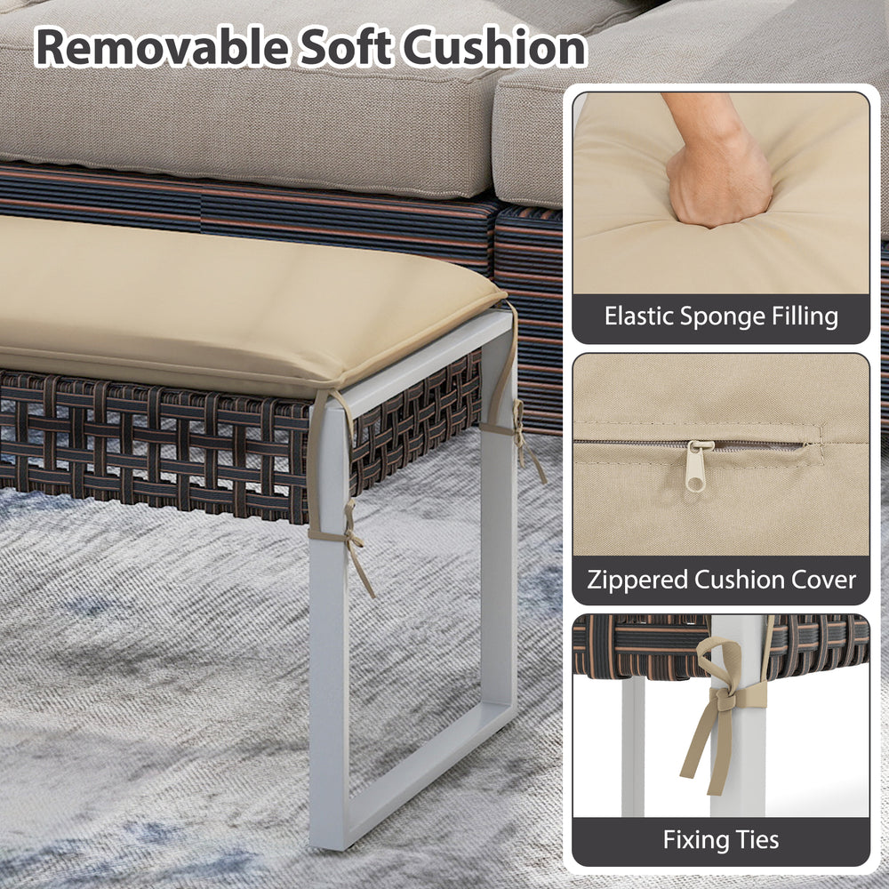 Beige soft cushion for 43-inch patio ottoman, featuring a zippered cover and fixing ties for secure placement.