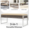 Versatile 43-inch patio ottoman in beige with PE rattan, metal legs, and soft cushion for backyard or poolside use.