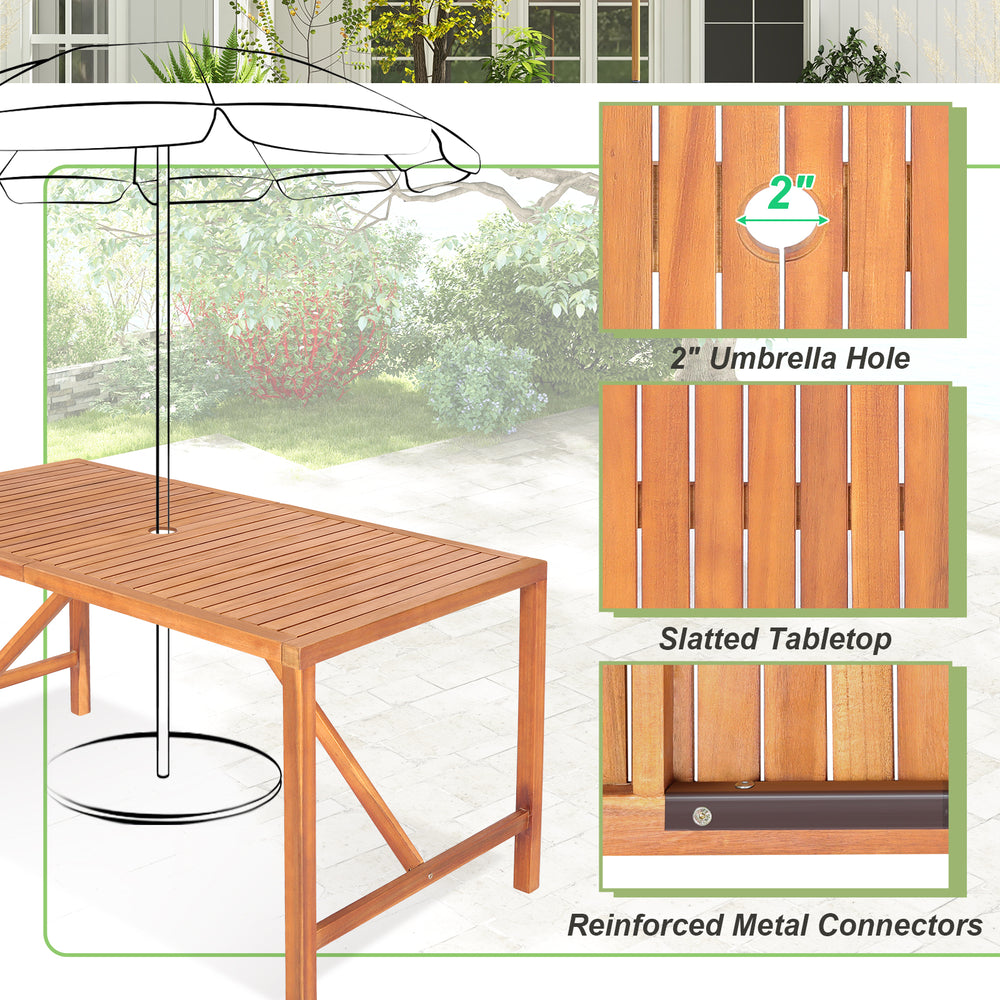 Rectangular 55-inch acacia wood dining table with 2" umbrella hole, slatted tabletop, and reinforced metal connectors.