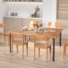 Acacia wood dining table with metal legs, featuring an umbrella hole, ideal for indoor or outdoor dining for six.