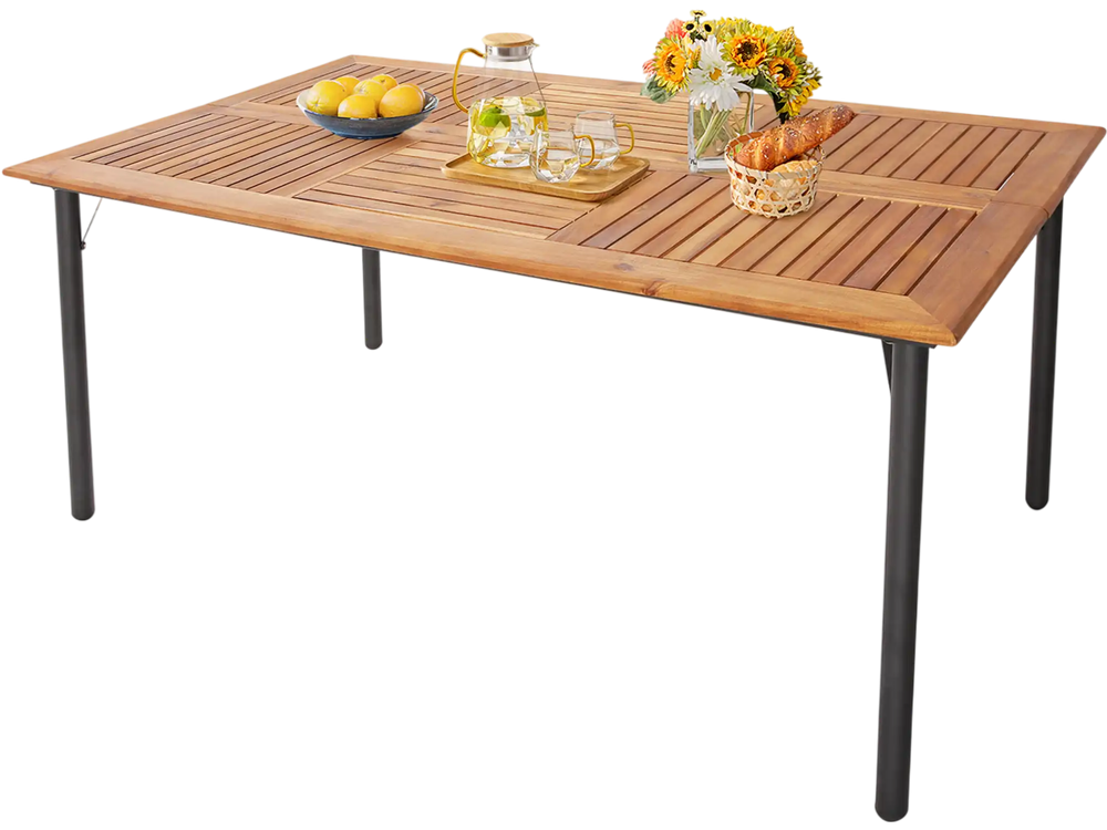Patio Acacia Wood Dining Table with Umbrella Hole and Metal Legs