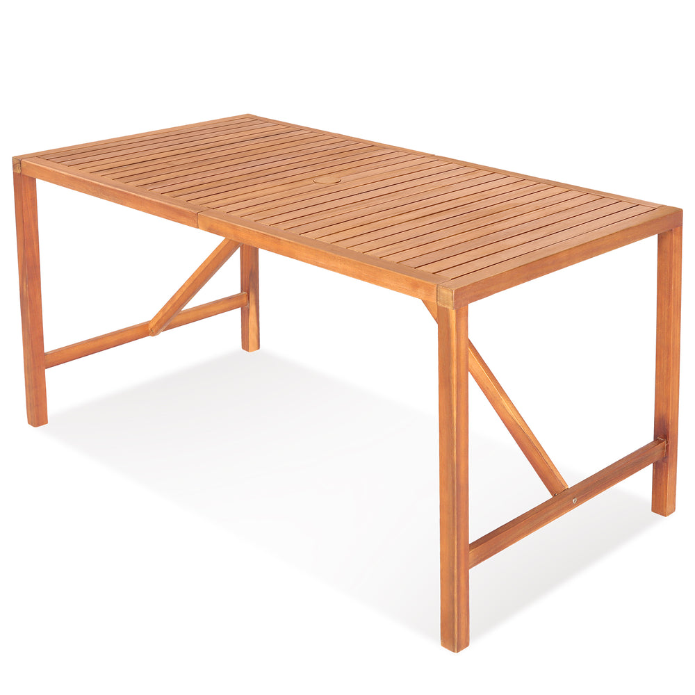 Rectangular 55-inch acacia wood dining table with slatted top and umbrella hole, suitable for indoor and outdoor use.
