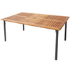 Acacia wood dining table with metal legs, featuring an umbrella hole, perfect for outdoor dining for six.