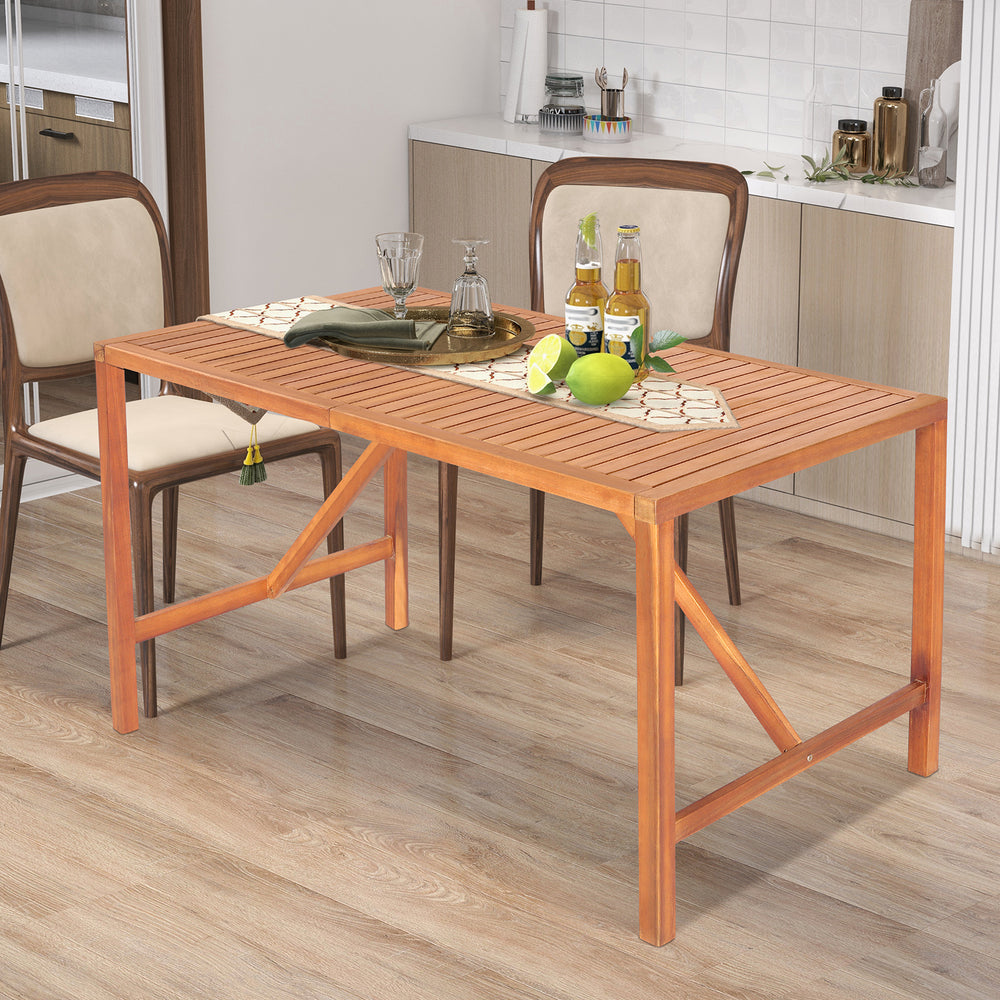 Rectangular 55-inch acacia wood dining table with slatted top, accommodating 4-6 people, ideal for indoor or outdoor.