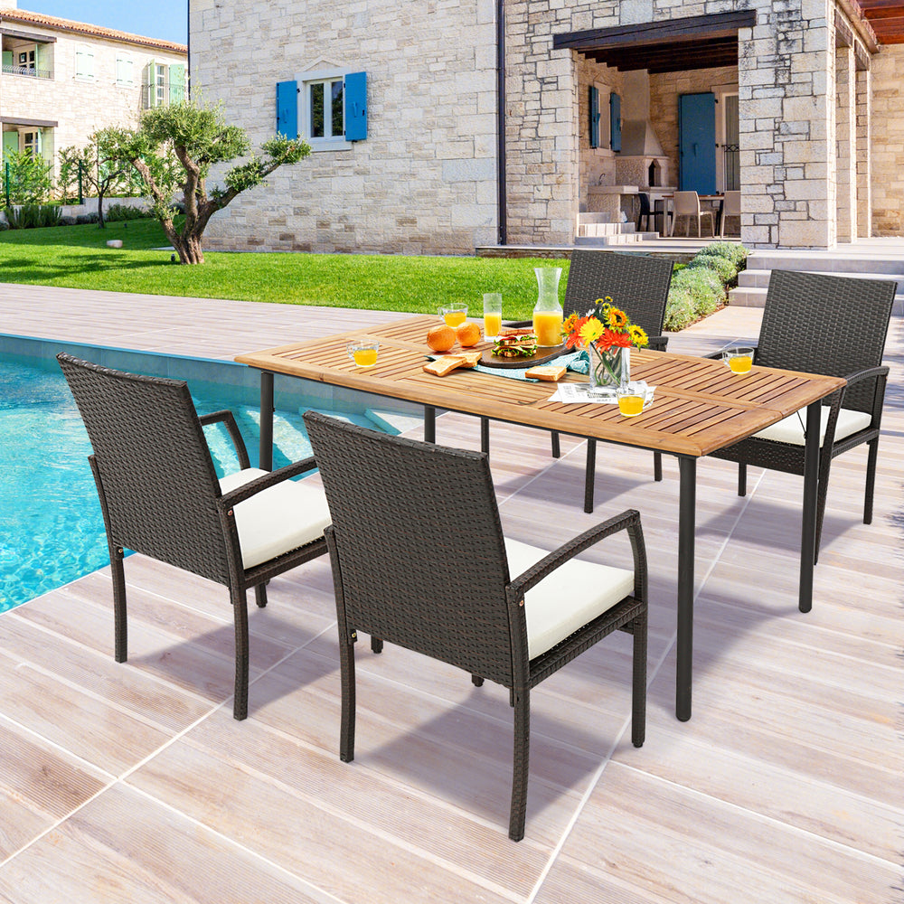 Acacia wood dining table with metal legs, featuring an umbrella hole, perfect for outdoor dining by the pool.