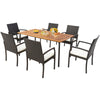 Acacia wood dining table with metal legs, designed for 6 persons, featuring an umbrella hole for outdoor dining.