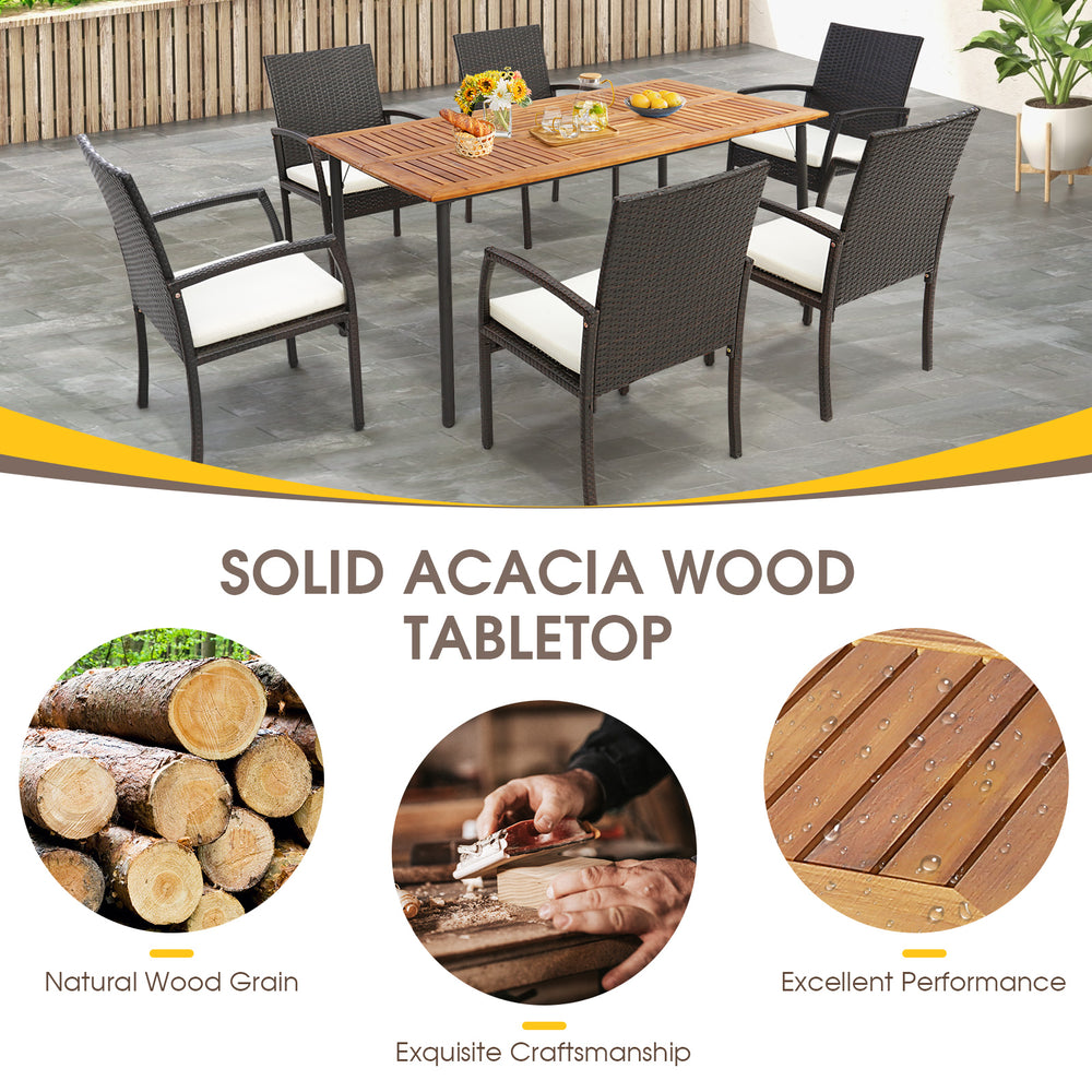 Patio acacia wood dining table with umbrella hole, designed for 6 persons, featuring sturdy metal legs for outdoor use.