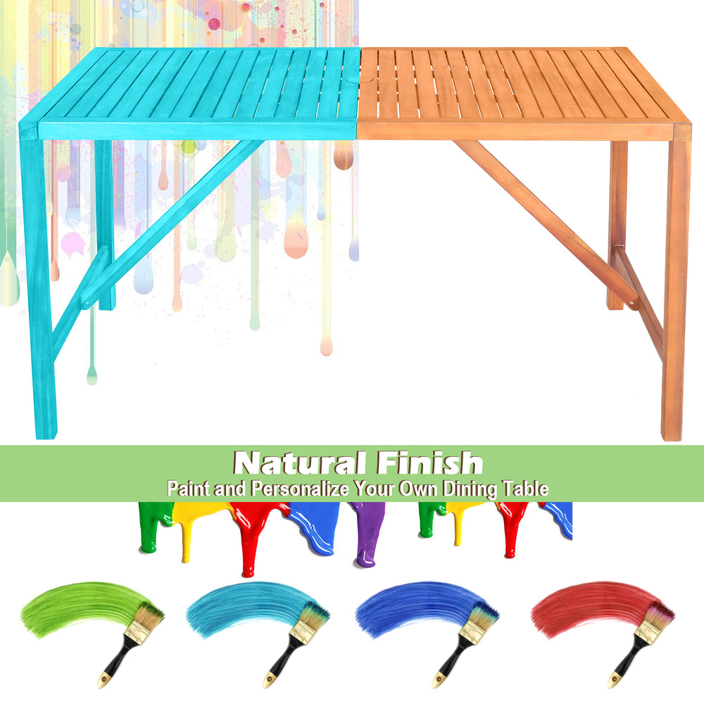 Rectangular 55-inch acacia wood dining table with slatted top and umbrella hole, ideal for indoor and outdoor use.