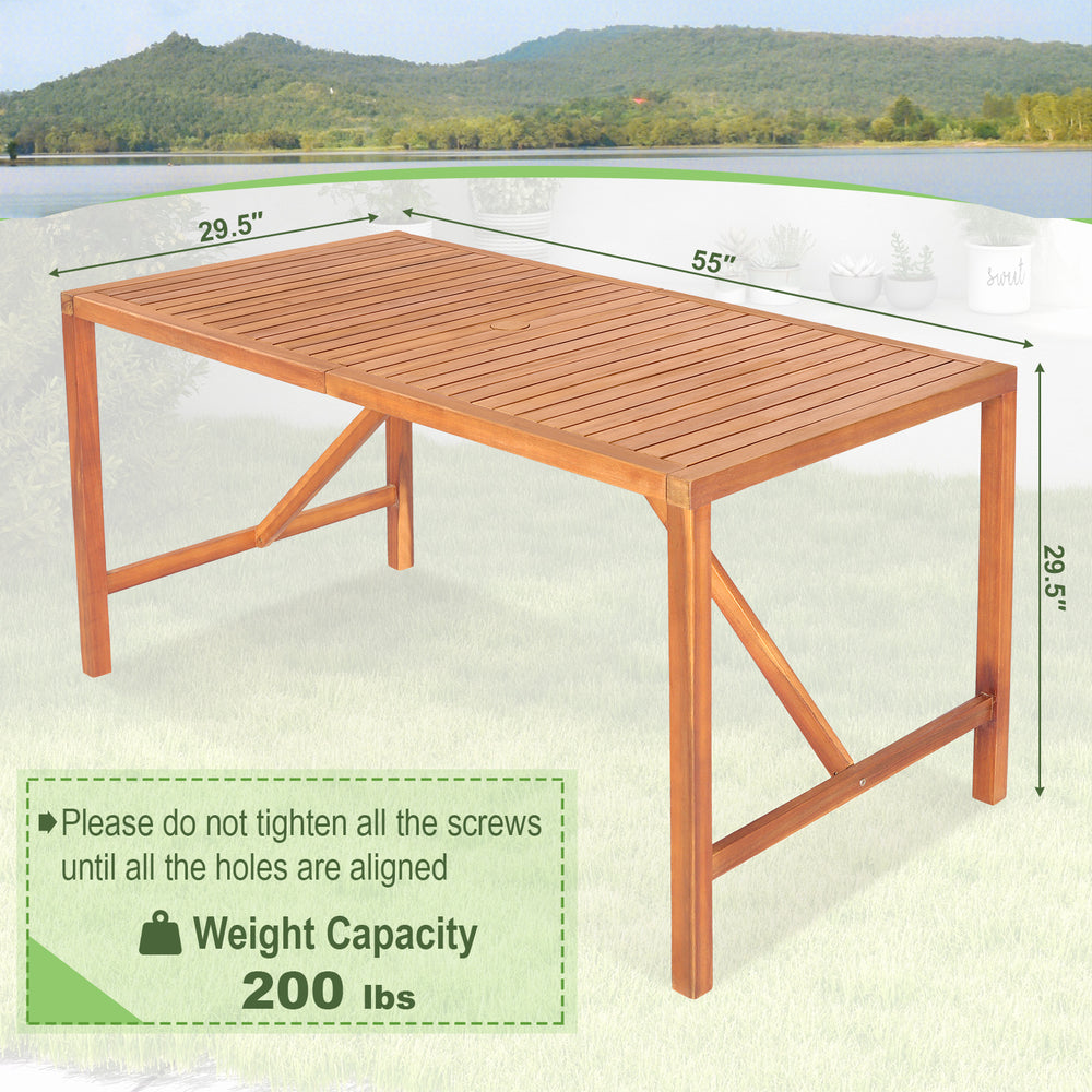 Rectangular 55-inch acacia wood dining table with umbrella hole, suitable for 4-6 people, ideal for outdoor use.