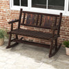 Patio rocking bench in rustic brown finish, featuring ergonomic seat and elegant patterns, ideal for backyard.