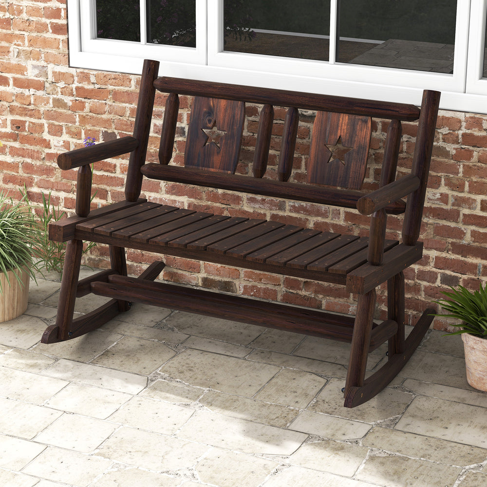 Patio rocking bench in rustic brown finish, featuring ergonomic seat and elegant patterns, ideal for backyard.
