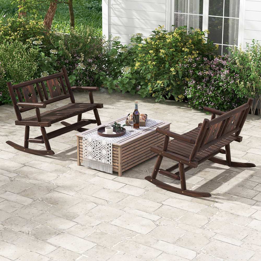 Double rocking bench in rustic brown finish, featuring ergonomic seats, perfect for backyard relaxation.