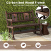 Patio rocking bench with ergonomic seat, carbonized wood frame, rustic brown finish, perfect for backyard relaxation.