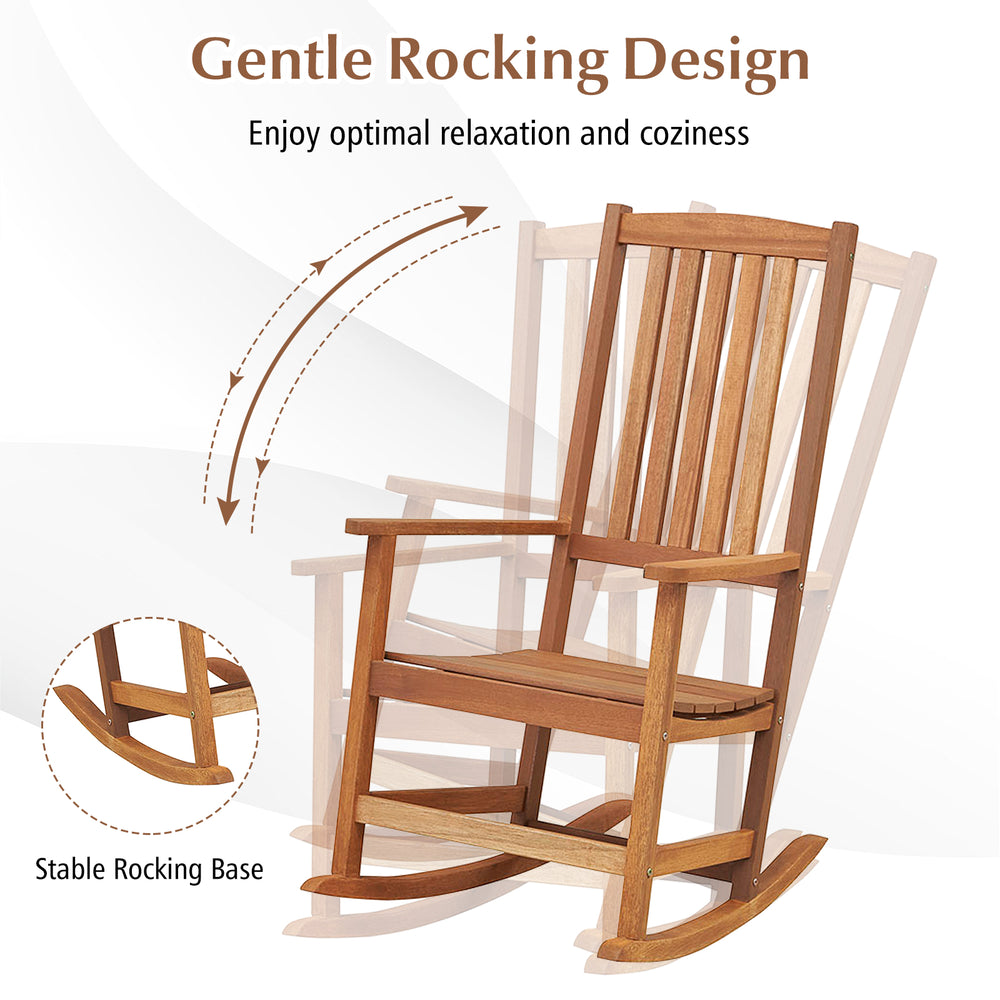 Patio rocking chair with ergonomic high-back design, made of premium hardwood, ideal for balcony or porch relaxation.