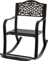 Brown patio rocking chair with floral backrest, ergonomic design, and footrest, perfect for outdoor relaxation.