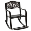 Brown patio rocking chair with floral backrest, ergonomic design, and footrest, perfect for backyard relaxation.