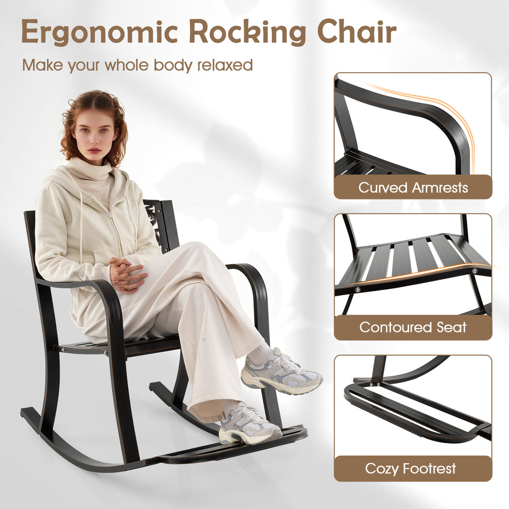 Patio rocking chair with footrest and curved armrests in brown, designed for relaxation in backyard or porch settings.