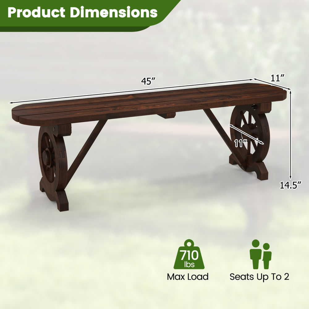 Rustic wood bench with wagon wheel base, 45" long, durable fir wood, seats up to 2, ideal for outdoor settings.