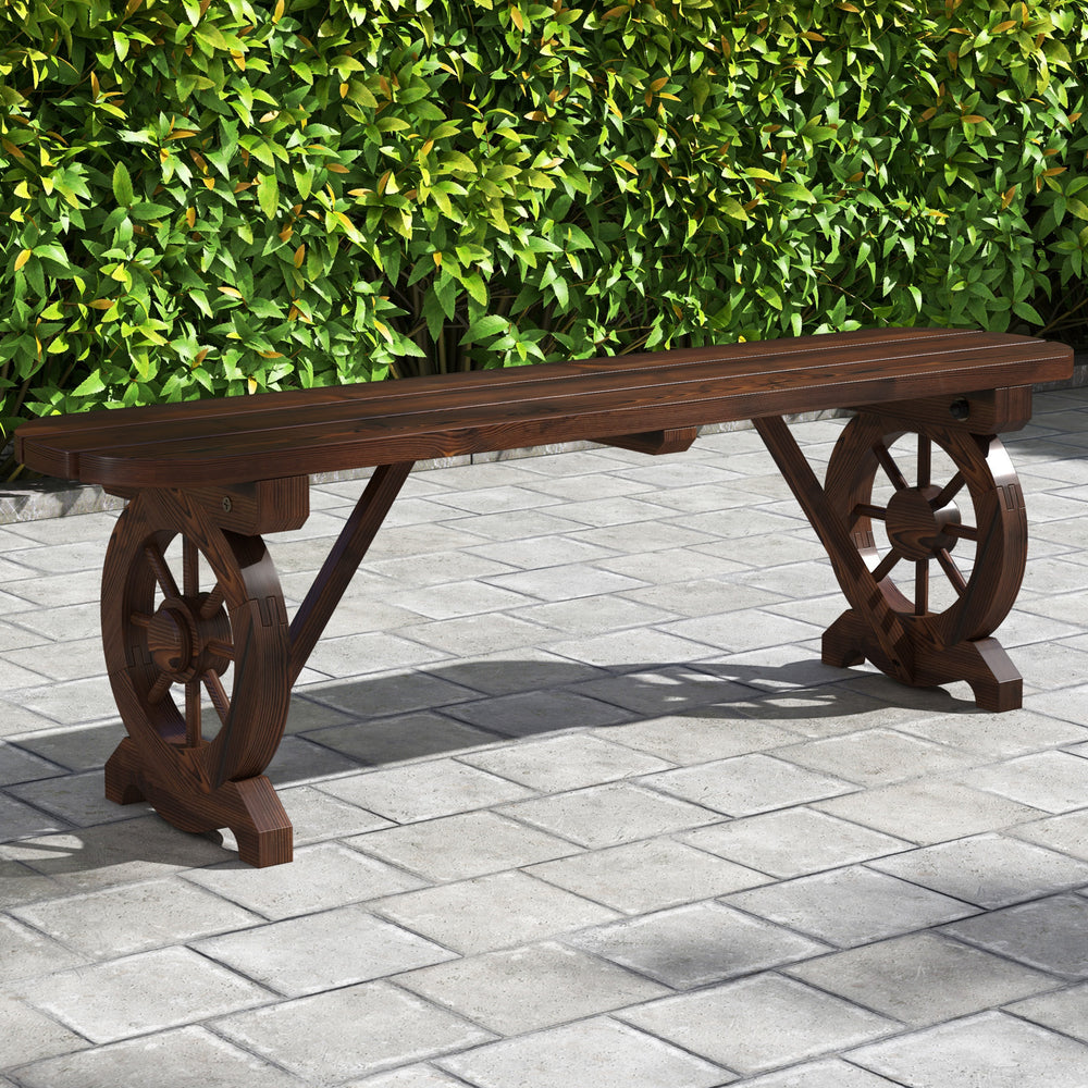 Rustic wood bench with wagon wheel base, made of durable fir wood, perfect for backyard or garden seating.