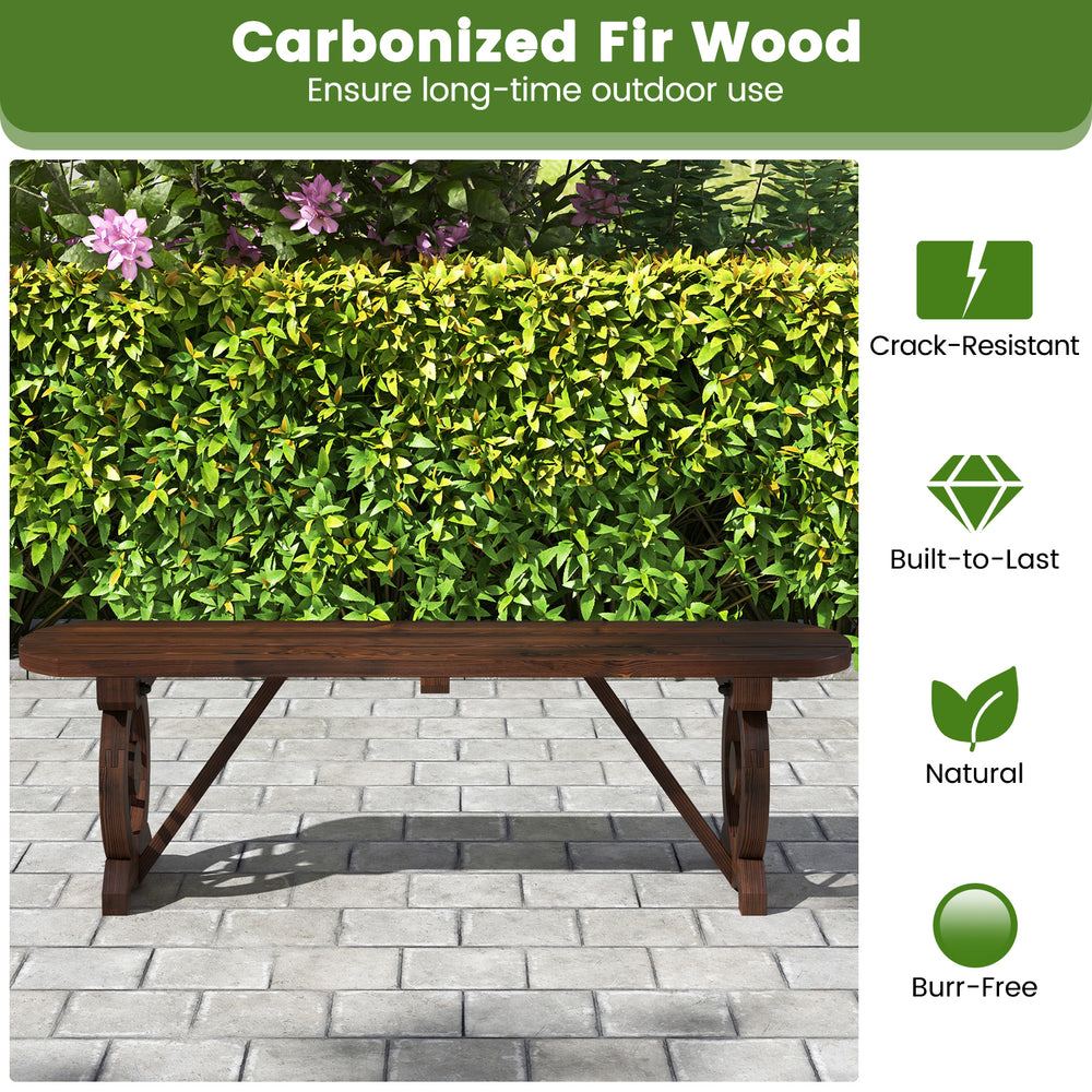Patio rustic wood bench with wagon wheel base, made of carbonized fir wood, ideal for outdoor use in gardens or.