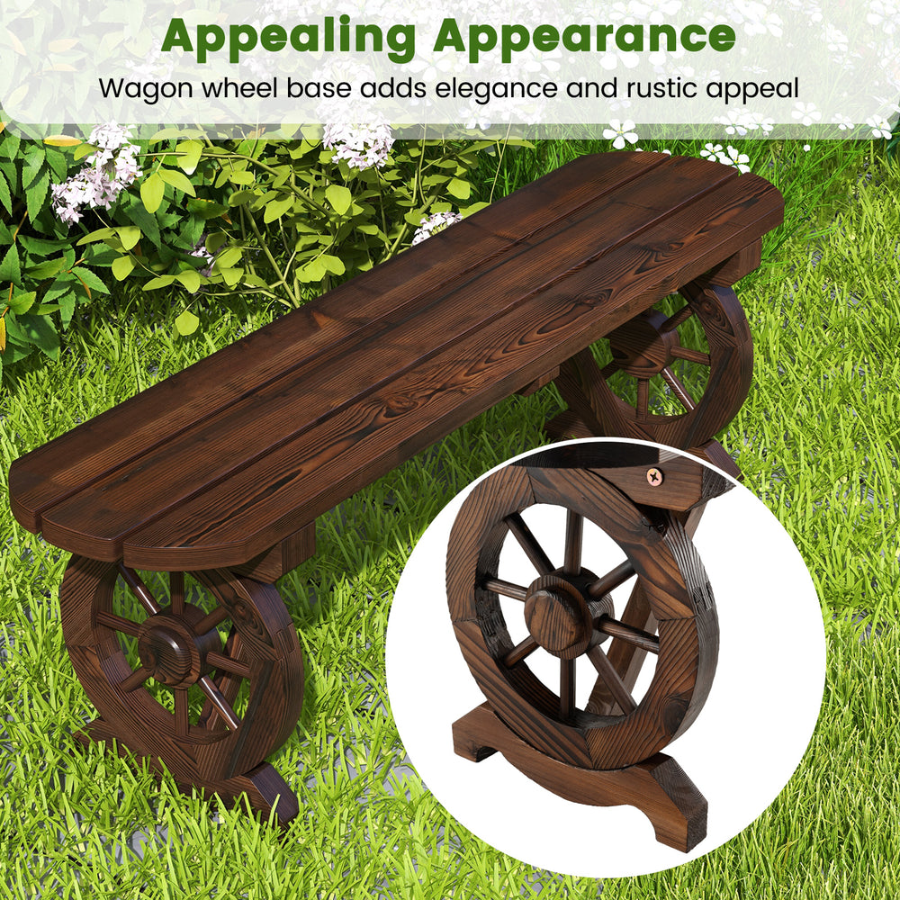 Patio rustic wood bench with wagon wheel base, durable fir wood, perfect for backyard or garden seating.