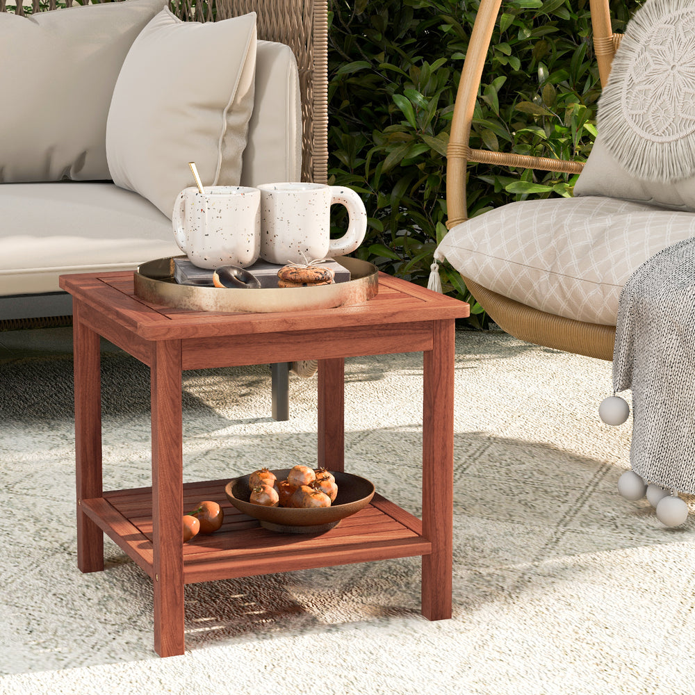 Acacia wood patio side table with slatted tabletop, featuring a lower shelf for drinks and snacks, perfect for outdoor.