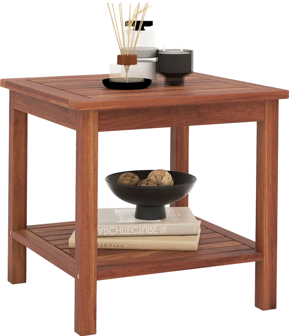 Double-Tier Acacia Wood Patio Side Table with Slatted Tabletop and Shelf