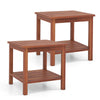 Double-tier acacia wood patio side tables with slatted tops and shelves, perfect for backyard or poolside use.