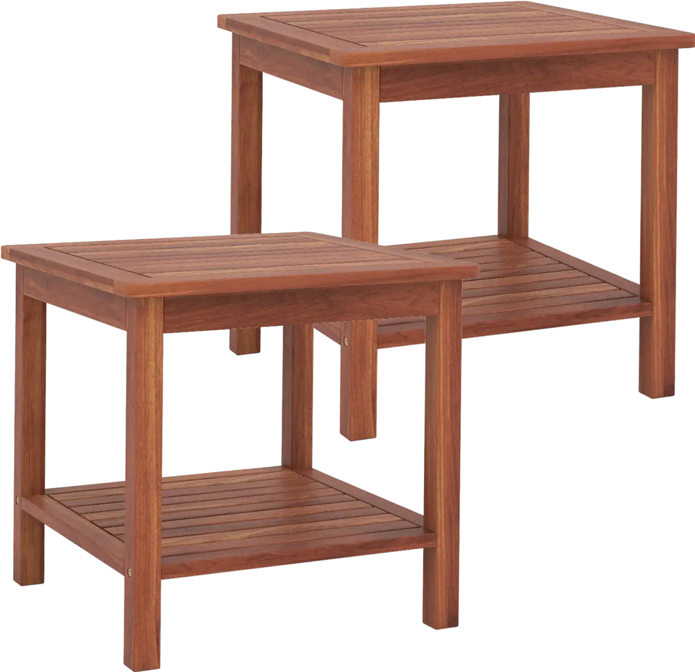 Set of 2 Double-Tier Acacia Wood Patio Side Table with Slatted Tabletop and Shelf