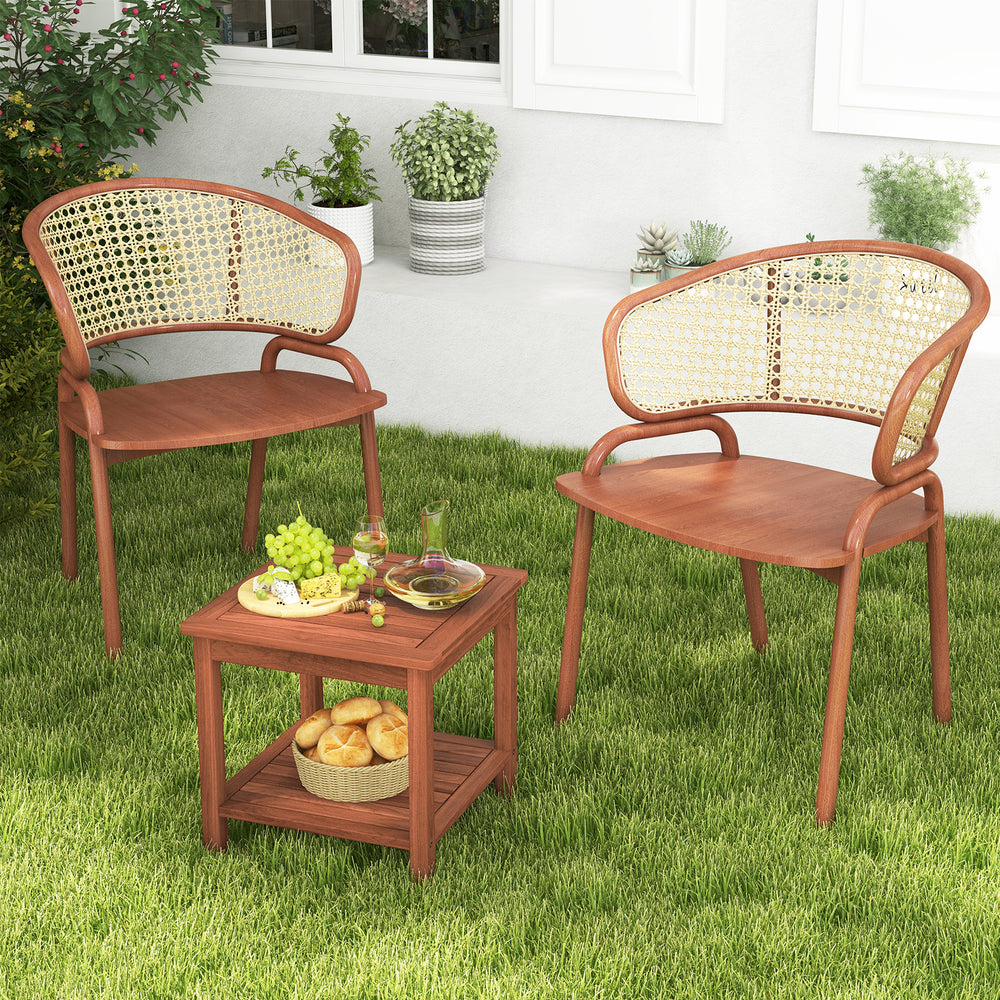 Set of 2 acacia wood patio side tables with slatted tops, ideal for backyard or poolside gatherings.