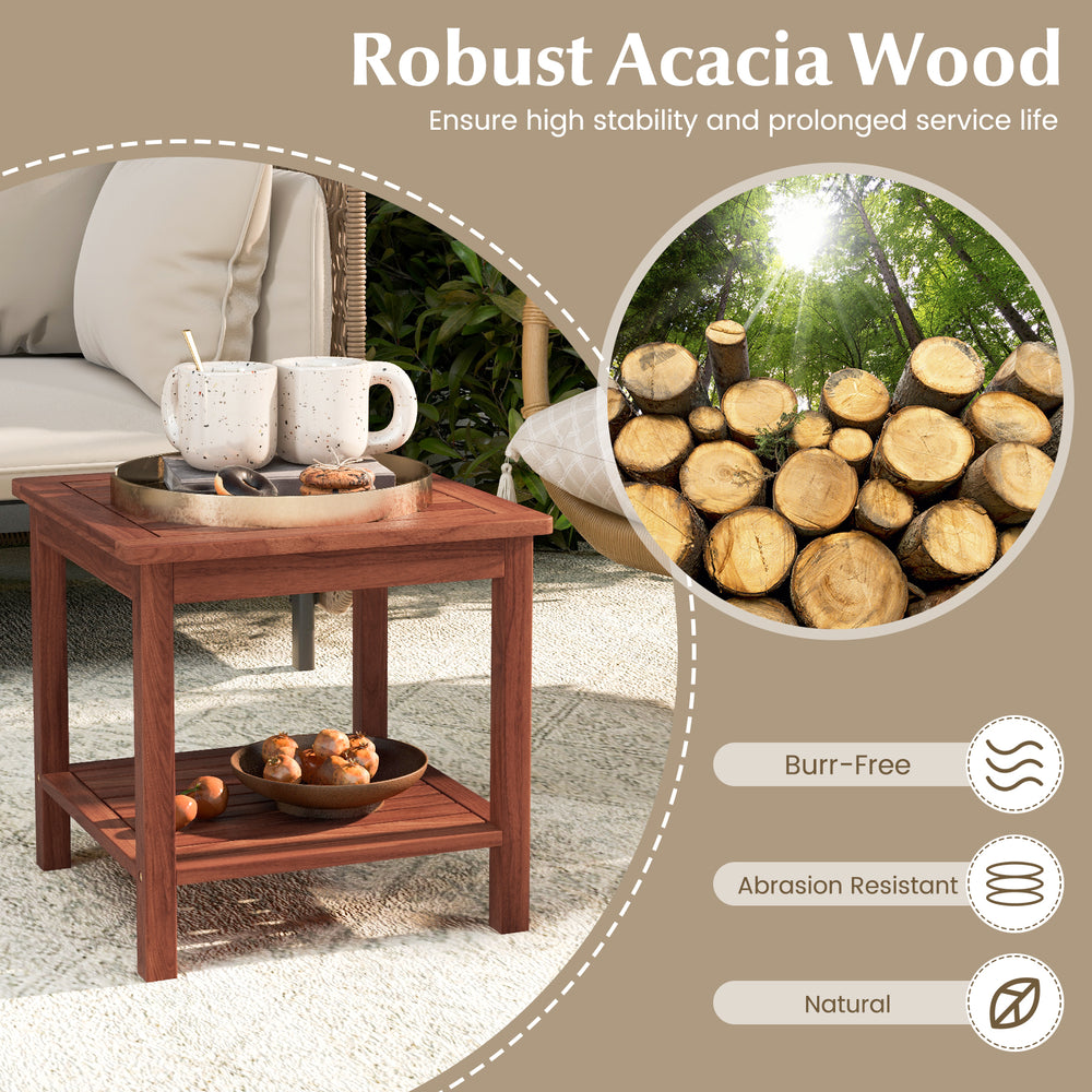 Double-tier acacia wood patio side table with slatted tabletop, ideal for backyard and poolside use.