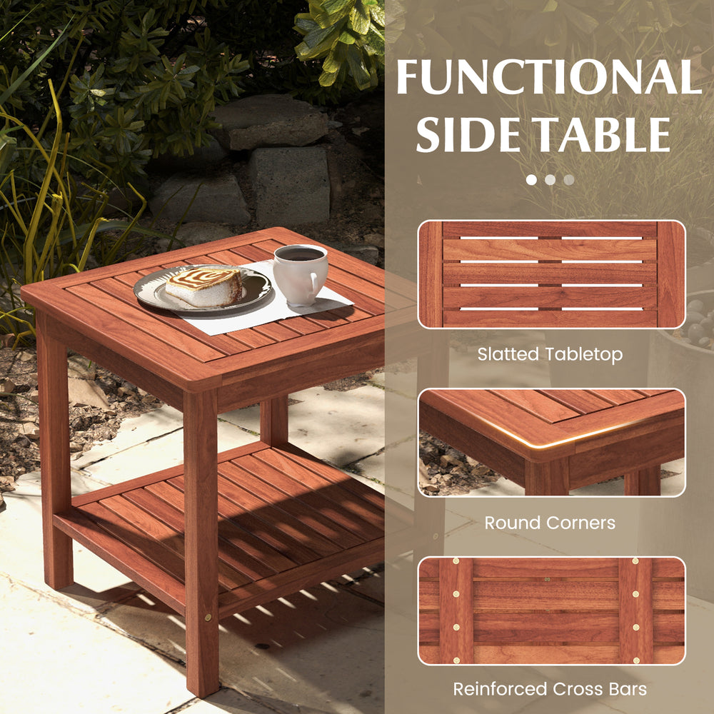 Double-tier acacia wood patio side table with slatted tabletop and shelf, perfect for backyard or poolside use.