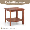 Dimensions of double-tier acacia wood patio side table, showcasing slatted top and lower shelf for drinks and snacks.