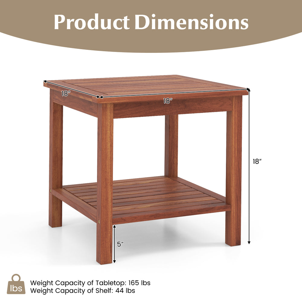 Double-tier acacia wood patio side table with slatted tabletop, dimensions 18" x 18" x 5", ideal for outdoor use.