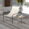 Patio sling lounge chair in beige with removable headrest, featuring a durable metal frame for indoor and outdoor use.