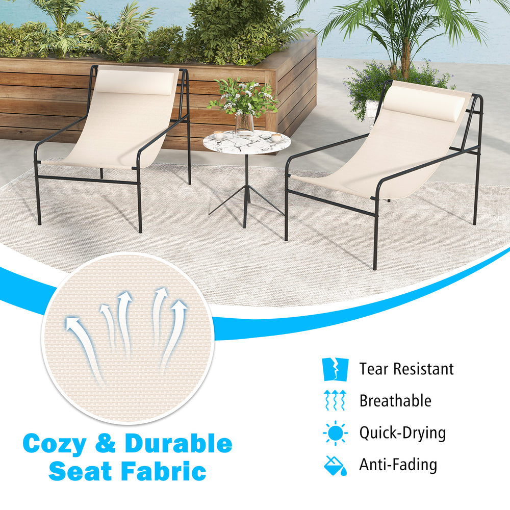 Patio sling lounge chairs with removable headrest pillows, beige fabric, and metal frame for indoor and outdoor use.