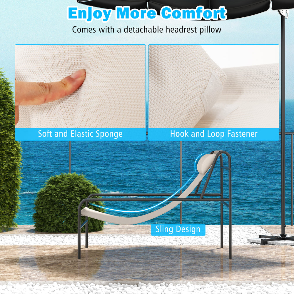 Patio sling lounge chair in beige featuring a removable headrest pillow and durable metal frame for outdoor comfort.