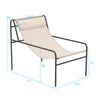 Patio sling lounge chair with beige fabric, removable headrest, and durable metal frame for indoor or outdoor use.