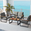 Patio aluminum sofa set with grey cushions and wood-plastic armrests, perfect for balcony relaxation.