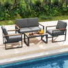 Modern patio aluminum sofa set with grey cushions and wooden armrests, perfect for poolside relaxation.